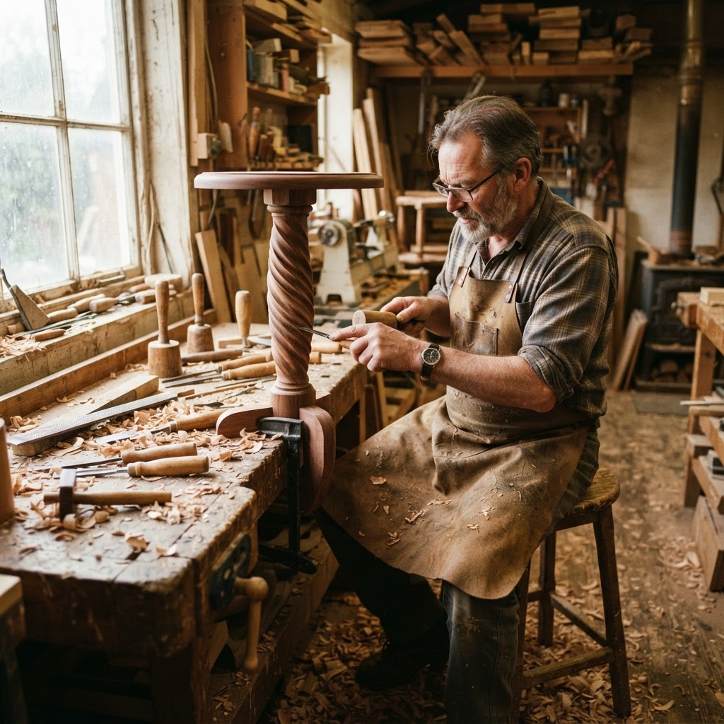 An artisan hand-carving a wooden accent table in the workshop